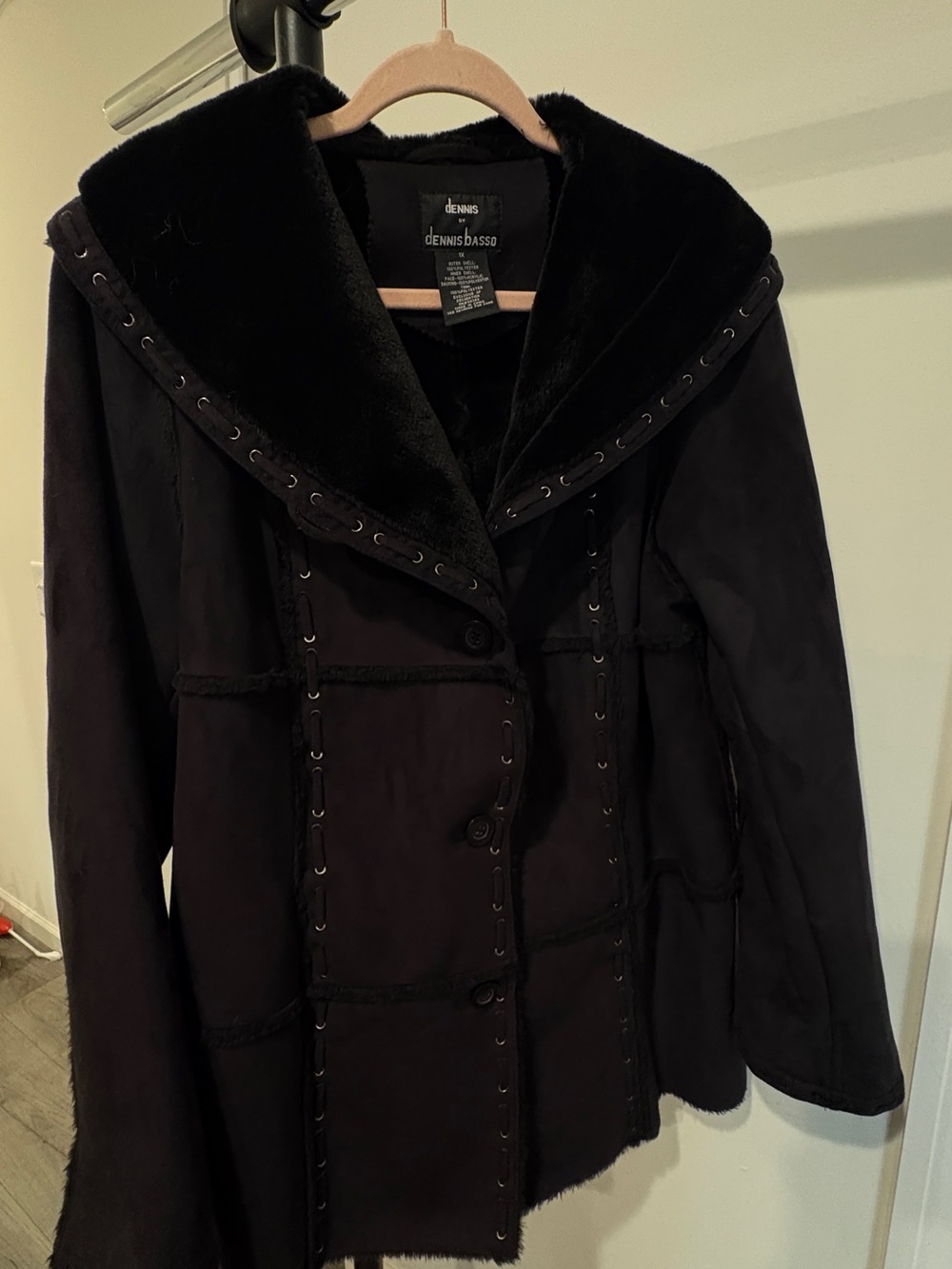 dennis basso Black Faux Suede Hooded Teddy Coat